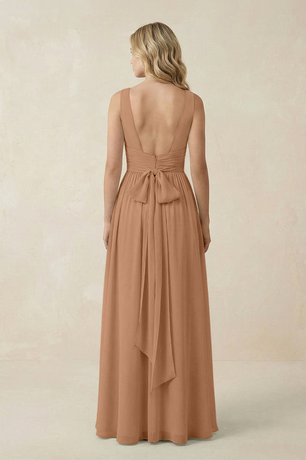 V - Neck A - Line Bridesmaid Dress with Back Bow in Bronzer - SHE IS ME Bridesmaid Dresses