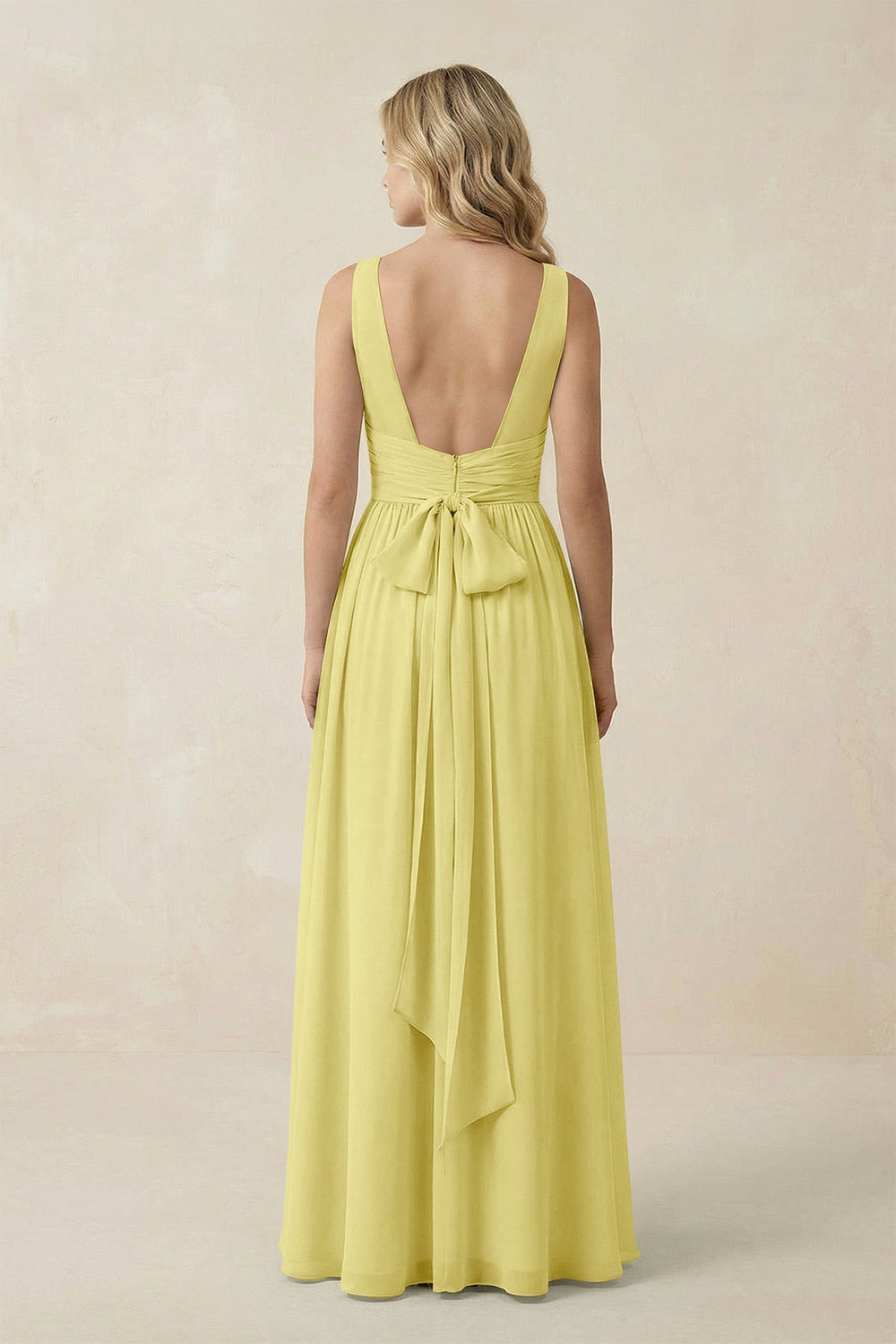 V - Neck A - Line Bridesmaid Dress with Back Bow in Buttercup - SHE IS ME Bridesmaid Dresses