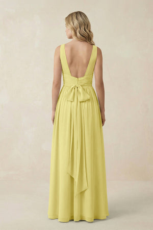 V - Neck A - Line Bridesmaid Dress with Back Bow in Buttercup - SHE IS ME Bridesmaid Dresses
