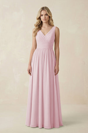 V - Neck A - Line Bridesmaid Dress with Back Bow in Candy Pink - SHE IS ME Bridesmaid Dresses