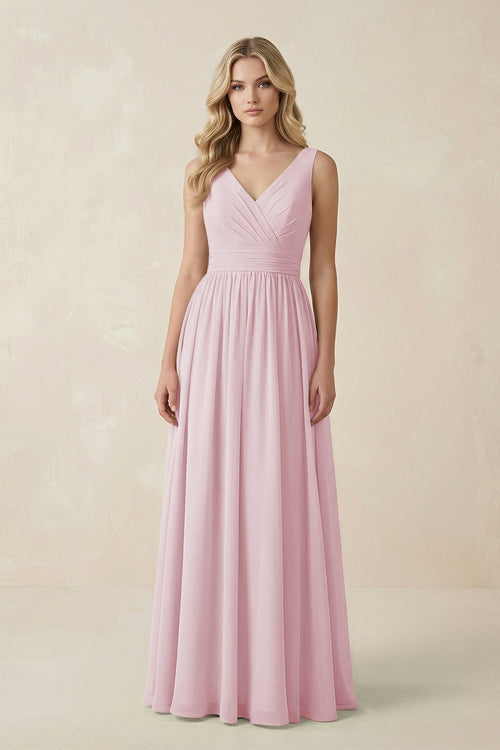 V - Neck A - Line Bridesmaid Dress with Back Bow in Candy Pink - SHE IS ME Bridesmaid Dresses