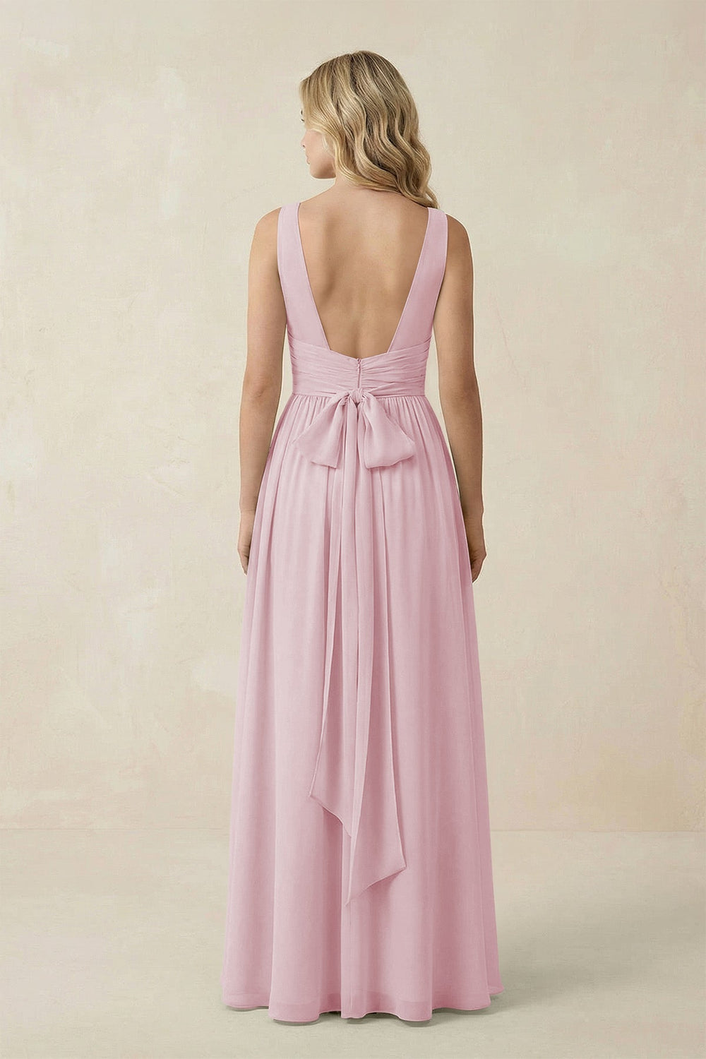 V - Neck A - Line Bridesmaid Dress with Back Bow in Candy Pink - SHE IS ME Bridesmaid Dresses