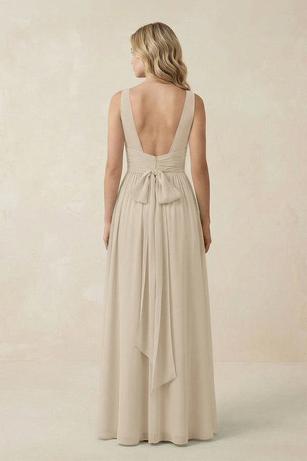 V - Neck A - Line Bridesmaid Dress with Back Bow in Champagne - SHE IS ME Bridesmaid Dresses