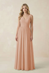 V - Neck A - Line Bridesmaid Dress with Back Bow in Champagne Rose - KISS BRIDAL Bridesmaid Dresses