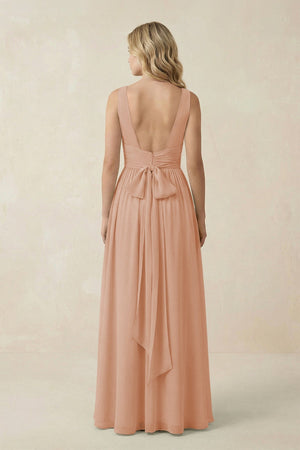 V - Neck A - Line Bridesmaid Dress with Back Bow in Champagne Rose - SHE IS ME Bridesmaid Dresses