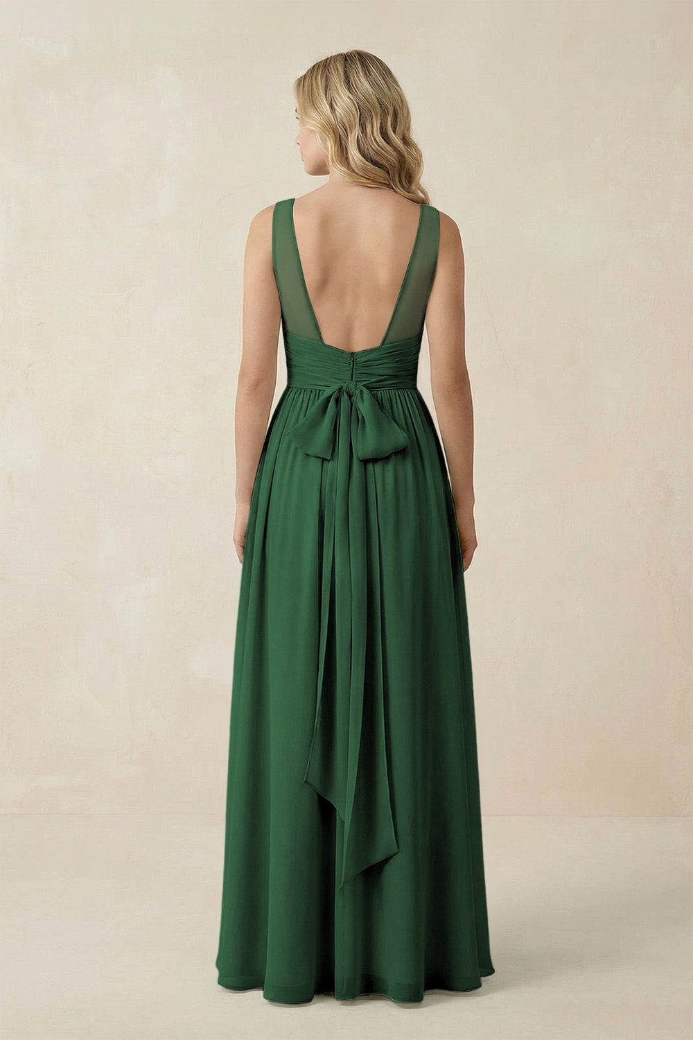 V - Neck A - Line Bridesmaid Dress with Back Bow in Dark Green - SHE IS ME Bridesmaid Dresses
