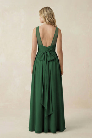 V - Neck A - Line Bridesmaid Dress with Back Bow in Dark Green - SHE IS ME Bridesmaid Dresses