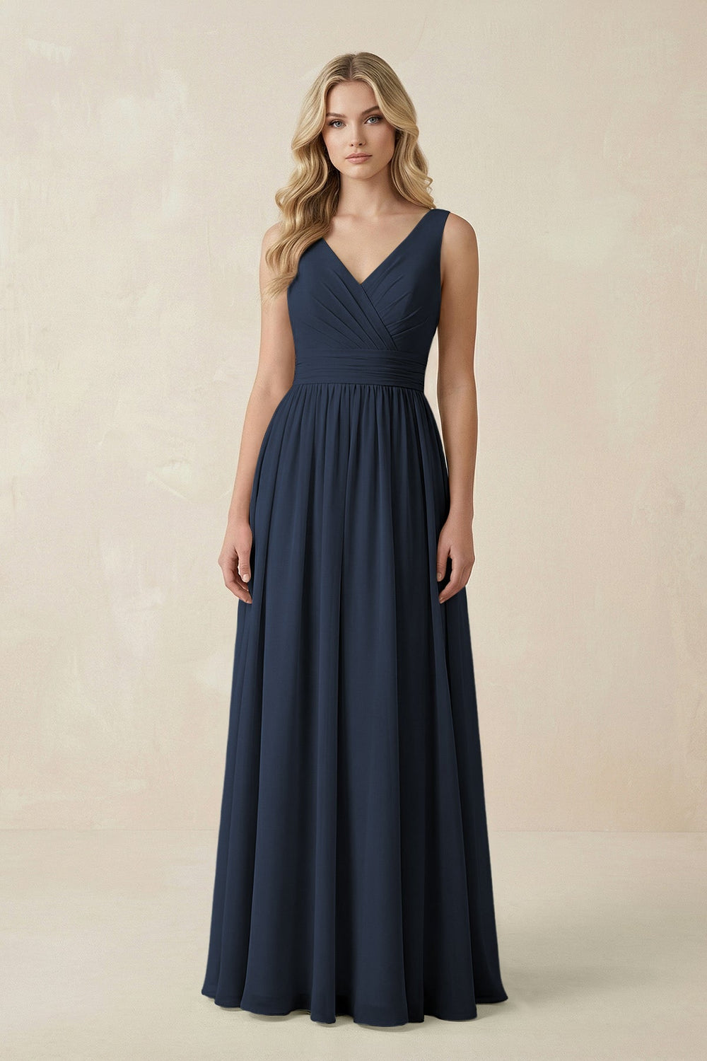 V - Neck A - Line Bridesmaid Dress with Back Bow in Dark Navy - SHE IS ME Bridesmaid Dresses
