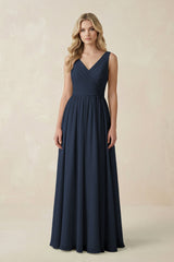V - Neck A - Line Bridesmaid Dress with Back Bow in Dark Navy - KISS BRIDAL Bridesmaid Dresses