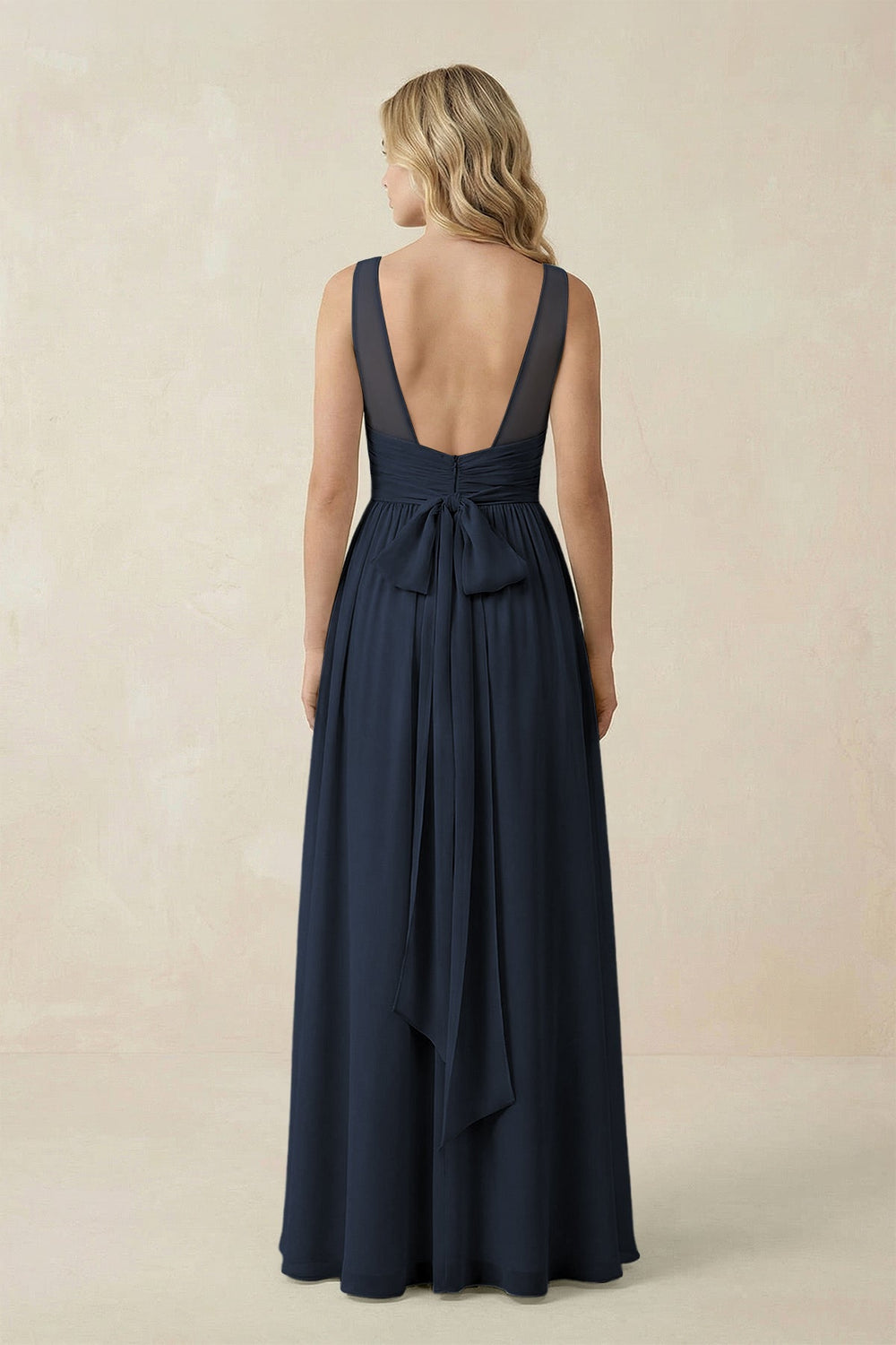 V - Neck A - Line Bridesmaid Dress with Back Bow in Dark Navy - SHE IS ME Bridesmaid Dresses