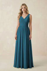 V - Neck A - Line Bridesmaid Dress with Back Bow in Dark Teal - KISS BRIDAL Bridesmaid Dresses