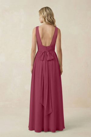 V - Neck A - Line Bridesmaid Dress with Back Bow in Desert Rose - SHE IS ME Bridesmaid Dresses