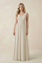 V - Neck A - Line Bridesmaid Dress with Back Bow in Dove Gray - KISS BRIDAL Bridesmaid Dresses