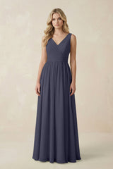V - Neck A - Line Bridesmaid Dress with Back Bow in Dusk Blue - KISS BRIDAL Bridesmaid Dresses