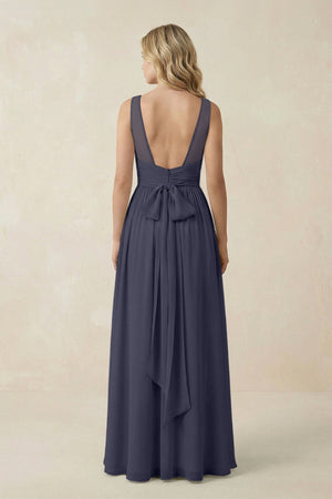 V - Neck A - Line Bridesmaid Dress with Back Bow in Dusk Blue - SHE IS ME Bridesmaid Dresses