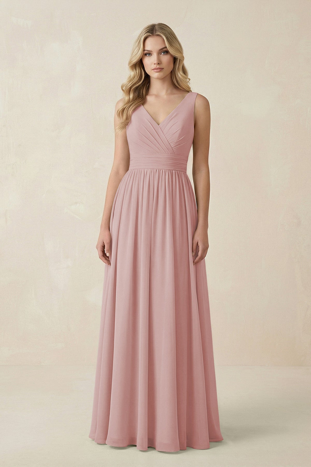 V - Neck A - Line Bridesmaid Dress with Back Bow in Dusty Rose - SHE IS ME Bridesmaid Dresses
