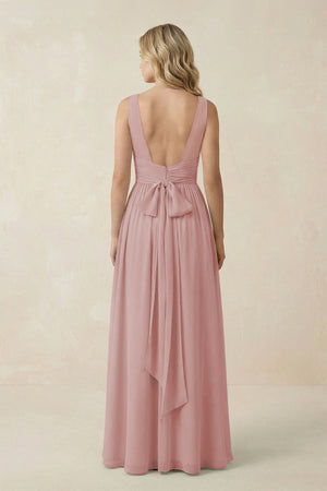 V - Neck A - Line Bridesmaid Dress with Back Bow in Dusty Rose - SHE IS ME Bridesmaid Dresses