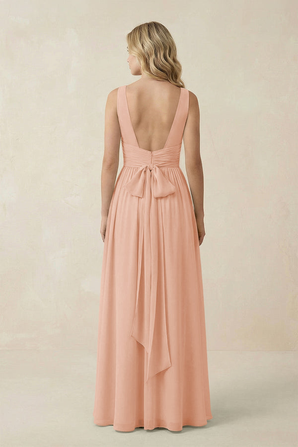 V - Neck A - Line Bridesmaid Dress with Back Bow in English Rose - SHE IS ME Bridesmaid Dresses
