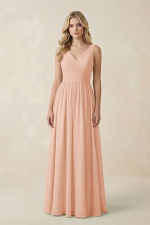 V - Neck A - Line Bridesmaid Dress with Back Bow in English Rose - SHE IS ME Bridesmaid Dresses