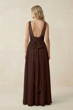 V - Neck A - Line Bridesmaid Dress with Back Bow in Espresso - SHE IS ME Bridesmaid Dresses