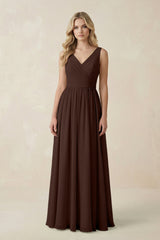 V - Neck A - Line Bridesmaid Dress with Back Bow in Espresso - KISS BRIDAL Bridesmaid Dresses
