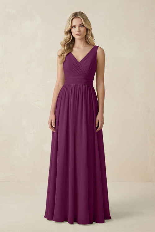 V - Neck A - Line Bridesmaid Dress with Back Bow in Fig - SHE IS ME Bridesmaid Dresses