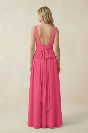 V - Neck A - Line Bridesmaid Dress with Back Bow in Fuchsia - SHE IS ME Bridesmaid Dresses