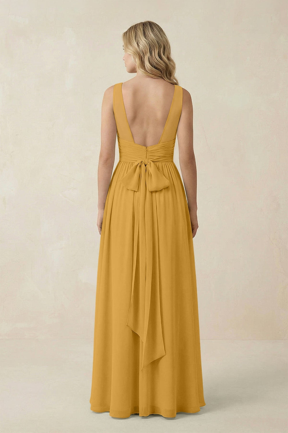 V - Neck A - Line Bridesmaid Dress with Back Bow in Marigold - SHE IS ME Bridesmaid Dresses