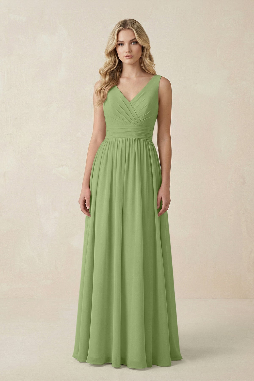 V - Neck A - Line Bridesmaid Dress with Back Bow in Matcha - SHE IS ME Bridesmaid Dresses