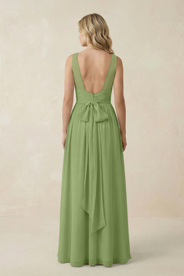 V - Neck A - Line Bridesmaid Dress with Back Bow in Matcha - SHE IS ME Bridesmaid Dresses