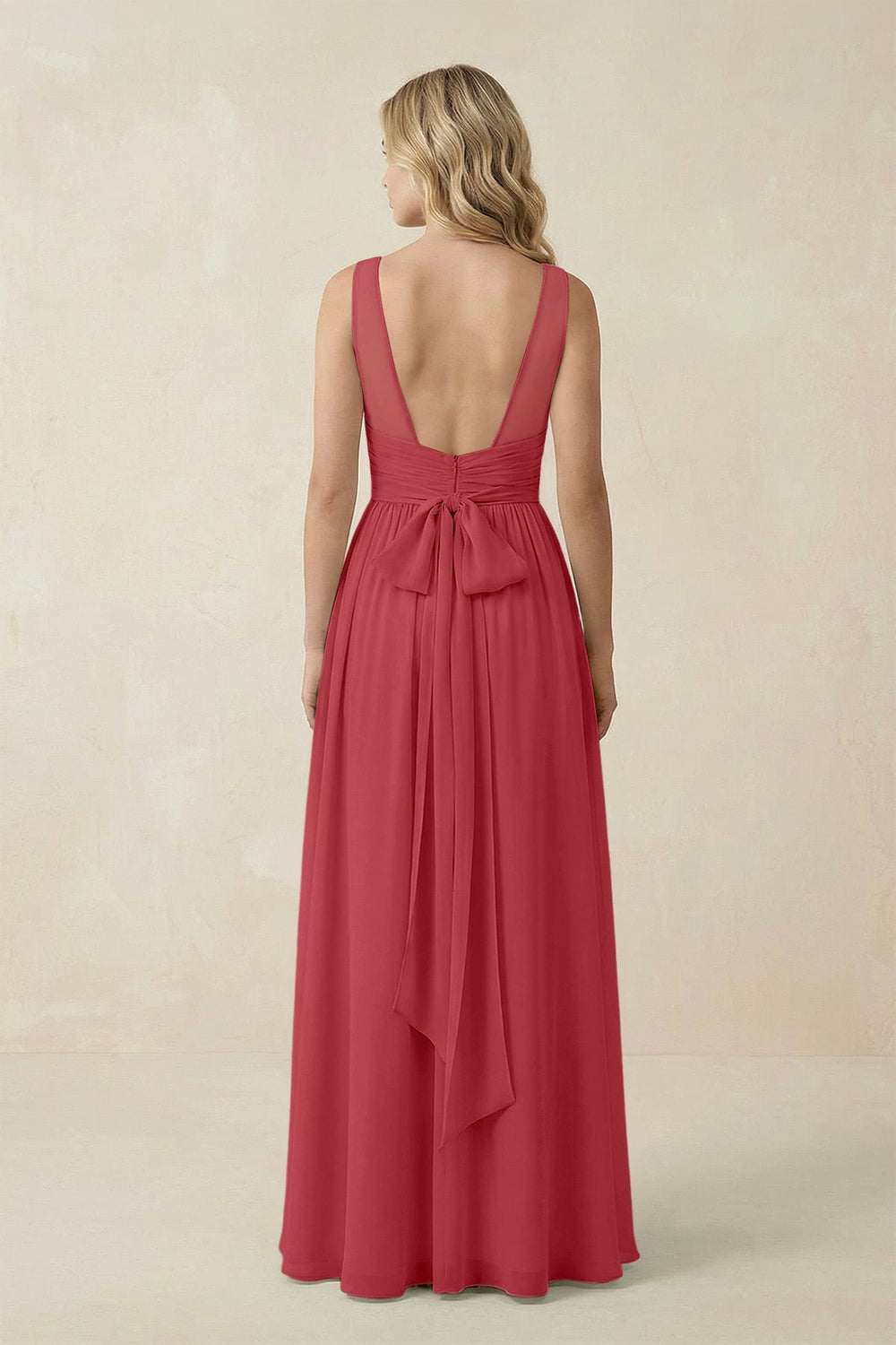 V - Neck A - Line Bridesmaid Dress with Back Bow in Merlot - SHE IS ME Bridesmaid Dresses