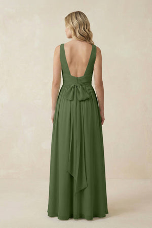 V-Neck A-Line Bridesmaid Dress with Back Bow in Moss (2) | KISSBRIDAL