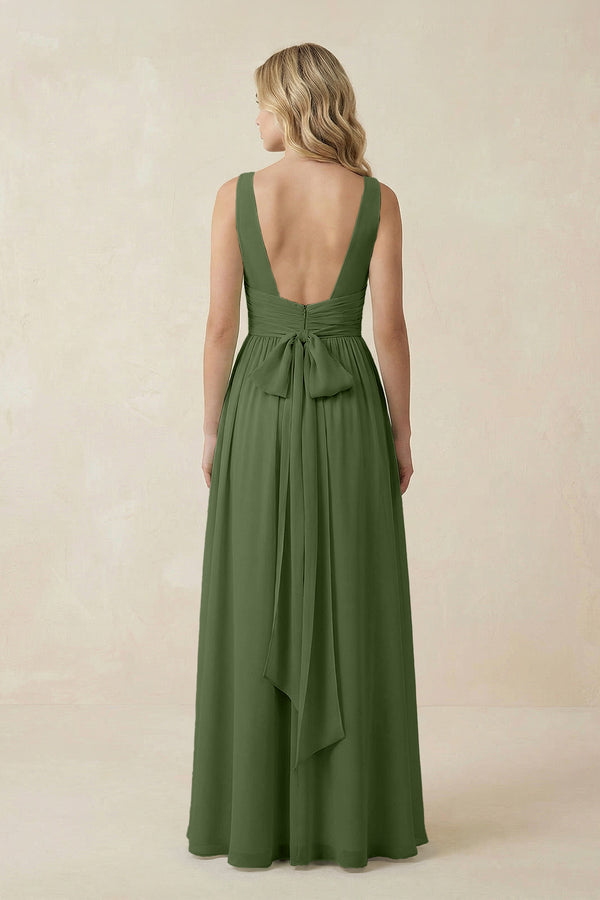 V-Neck A-Line Bridesmaid Dress with Back Bow in Moss (2) | KISSBRIDAL