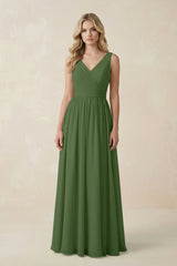 V - Neck A - Line Bridesmaid Dress with Back Bow in Moss - KISS BRIDAL Bridesmaid Dresses