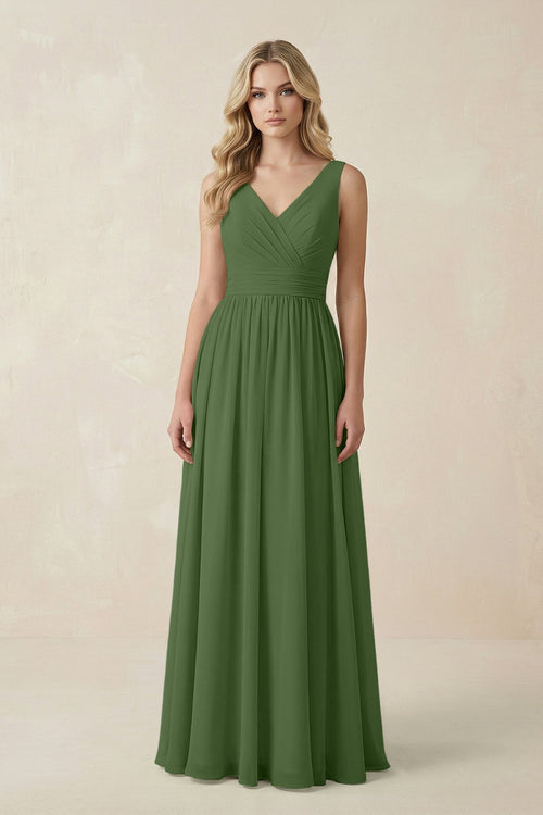 V - Neck A - Line Bridesmaid Dress with Back Bow in Moss - SHE IS ME Bridesmaid Dresses
