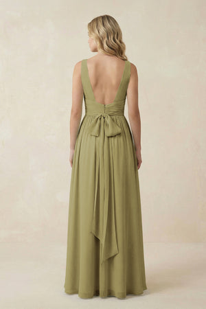 V-Neck A-Line Bridesmaid Dress with Back Bow in Moss Green (2) | KISSBRIDAL