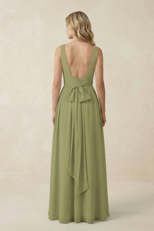 V - Neck A - Line Bridesmaid Dress with Back Bow in Moss Green - SHE IS ME Bridesmaid Dresses