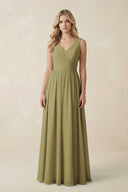 V-Neck A-Line Bridesmaid Dress with Back Bow in Moss Green | KISSBRIDAL