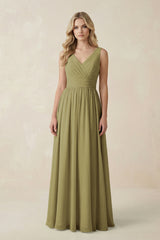 V-Neck A-Line Bridesmaid Dress with Back Bow in Moss Green | KISSBRIDAL
