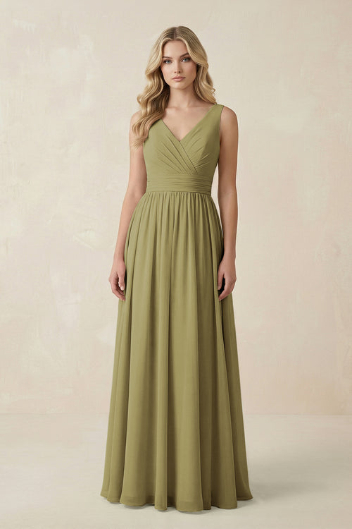 V-Neck A-Line Bridesmaid Dress with Back Bow in Moss Green | KISSBRIDAL
