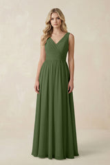 V-Neck A-Line Bridesmaid Dress with Back Bow in Moss | KISSBRIDAL