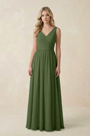 V-Neck A-Line Bridesmaid Dress with Back Bow in Moss | KISSBRIDAL