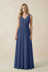 V - Neck A - Line Bridesmaid Dress with Back Bow in Navy - KISS BRIDAL Bridesmaid Dresses