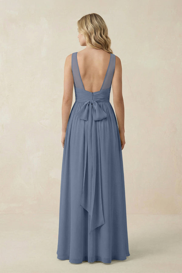 V - Neck A - Line Bridesmaid Dress with Back Bow in Neptune - SHE IS ME Bridesmaid Dresses