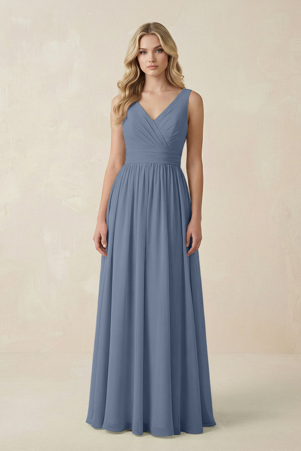 V - Neck A - Line Bridesmaid Dress with Back Bow in Neptune - SHE IS ME Bridesmaid Dresses