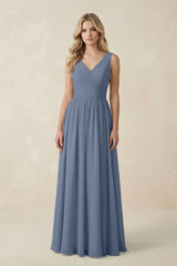 V - Neck A - Line Bridesmaid Dress with Back Bow in Neptune - KISS BRIDAL Bridesmaid Dresses