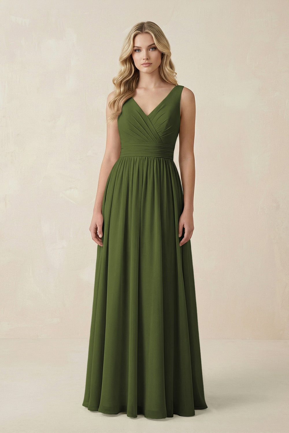 V - Neck A - Line Bridesmaid Dress with Back Bow in Olive - SHE IS ME Bridesmaid Dresses