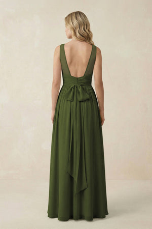 V - Neck A - Line Bridesmaid Dress with Back Bow in Olive - SHE IS ME Bridesmaid Dresses
