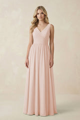 V - Neck A - Line Bridesmaid Dress with Back Bow in Pale Blush - KISS BRIDAL Bridesmaid Dresses