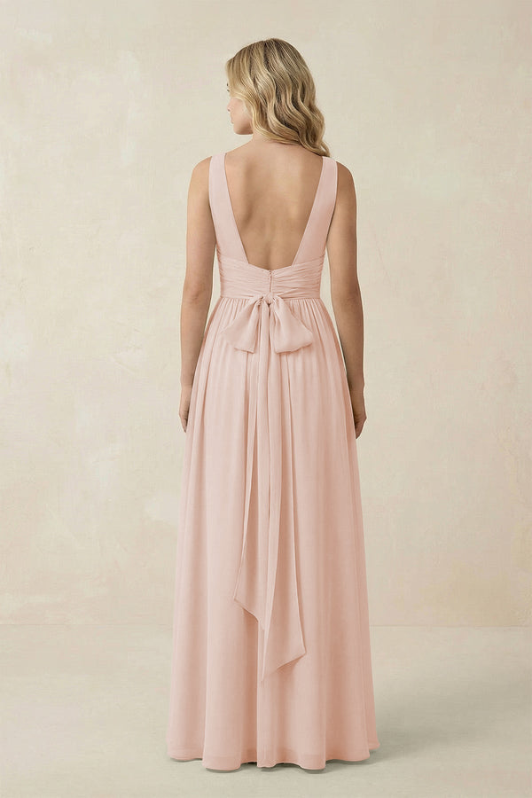 V - Neck A - Line Bridesmaid Dress with Back Bow in Pale Blush - SHE IS ME Bridesmaid Dresses